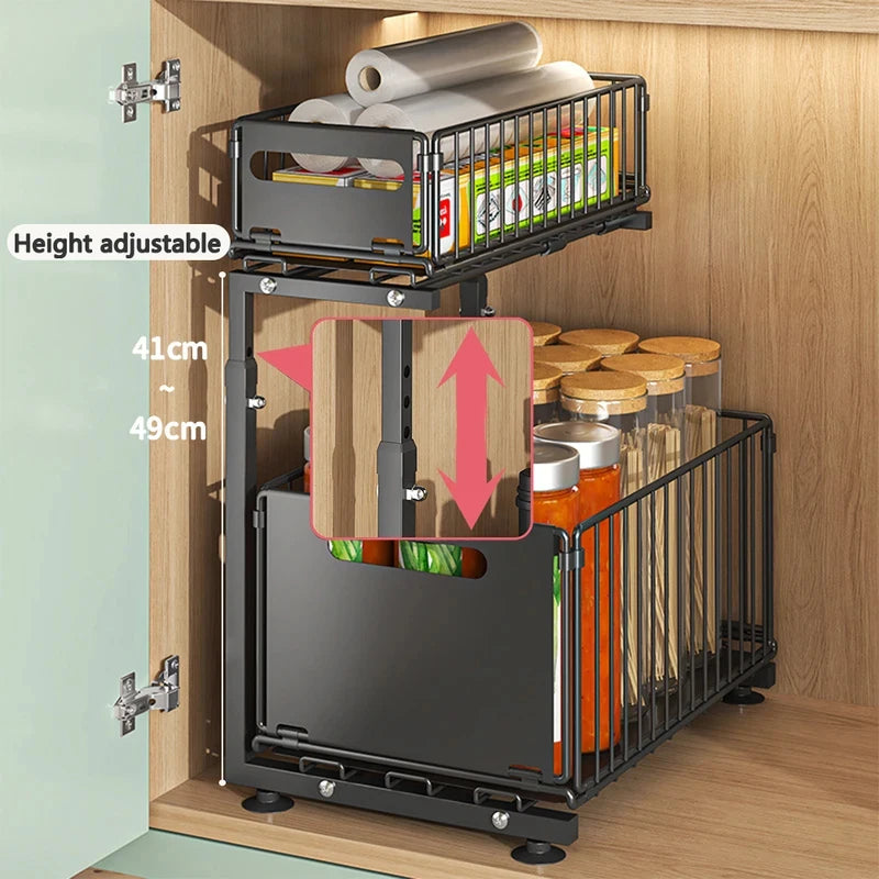 2 Tier Pull Out Cabinet Organiser Adjustable Under Sink Storage Rack Slide Out Drawer Kitchen Spice Jar Storage Shelf