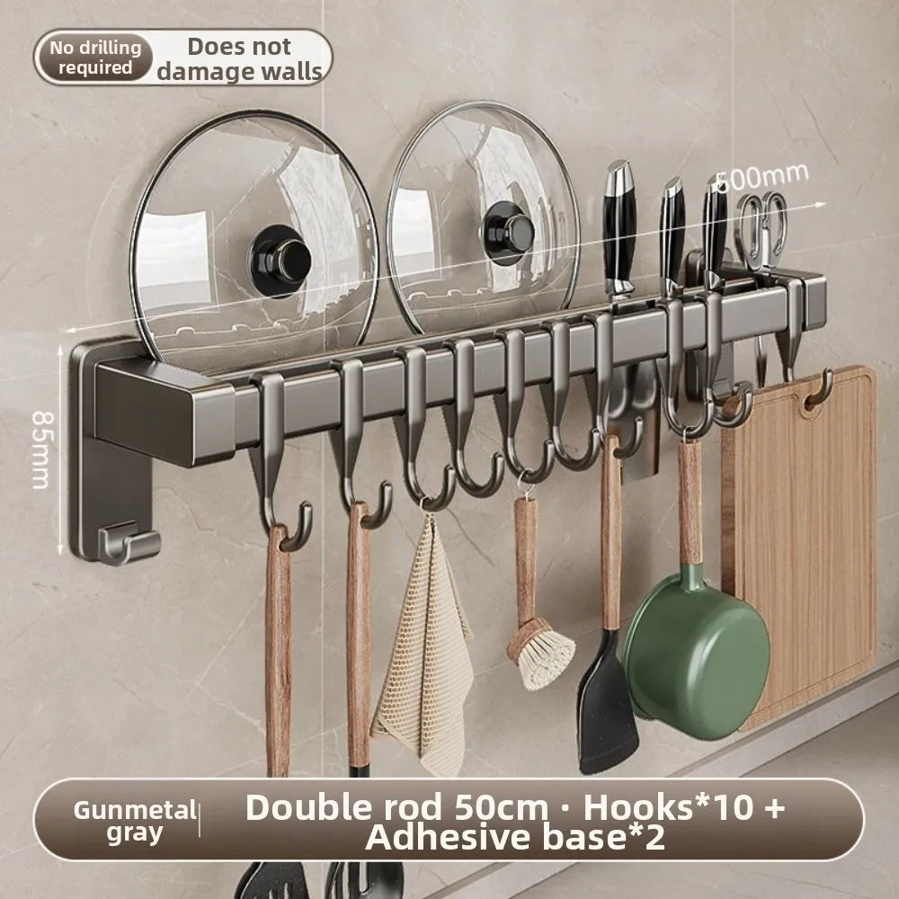 Aluminum Kitchen Organiser Hook Double Pole Wall Mounted Pot Lid Rack Non Punching Movable Hook Spatula Storage Rack Home