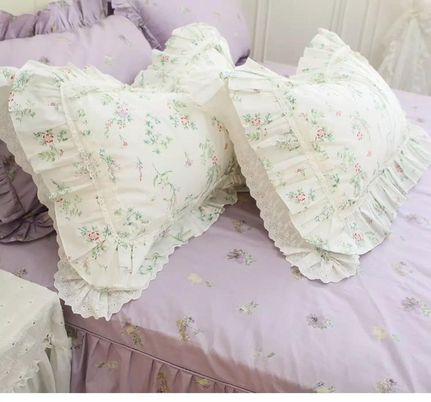 Floral Style 100% Cotton Pillowcase Bedding Set With Lace Design