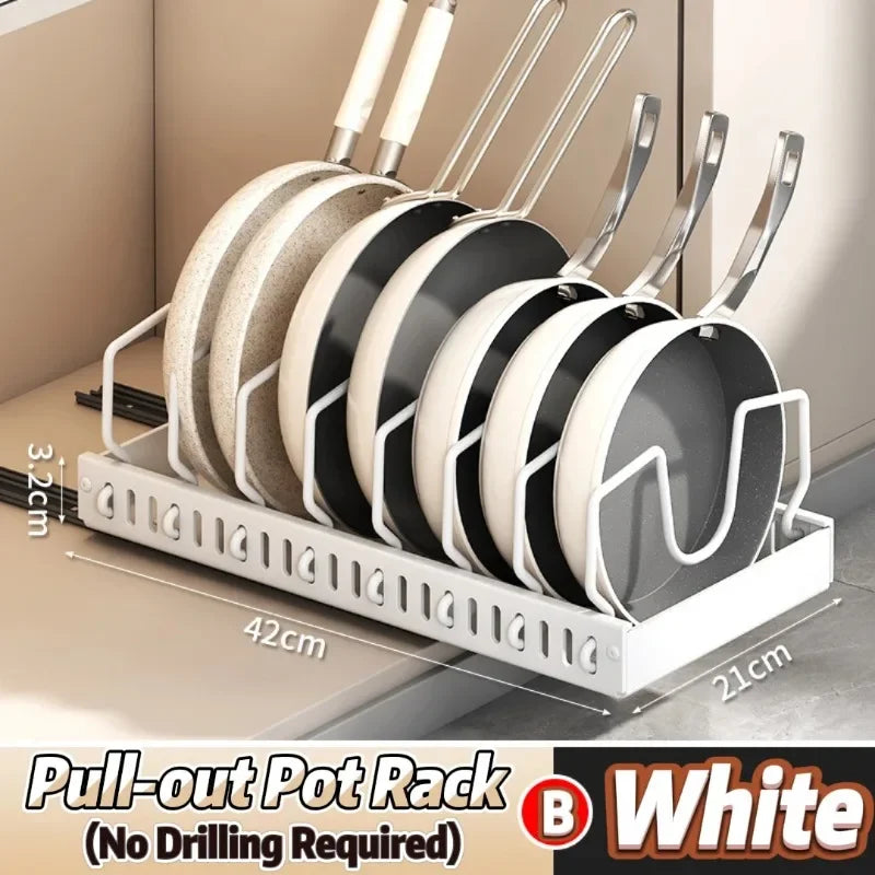 1Pc Adjustable Pull Out Pot Pan Rack Kitchen Cabinet Organiser, Expandable Kitchen Storage Holder for Pots Pans Lids Dishes