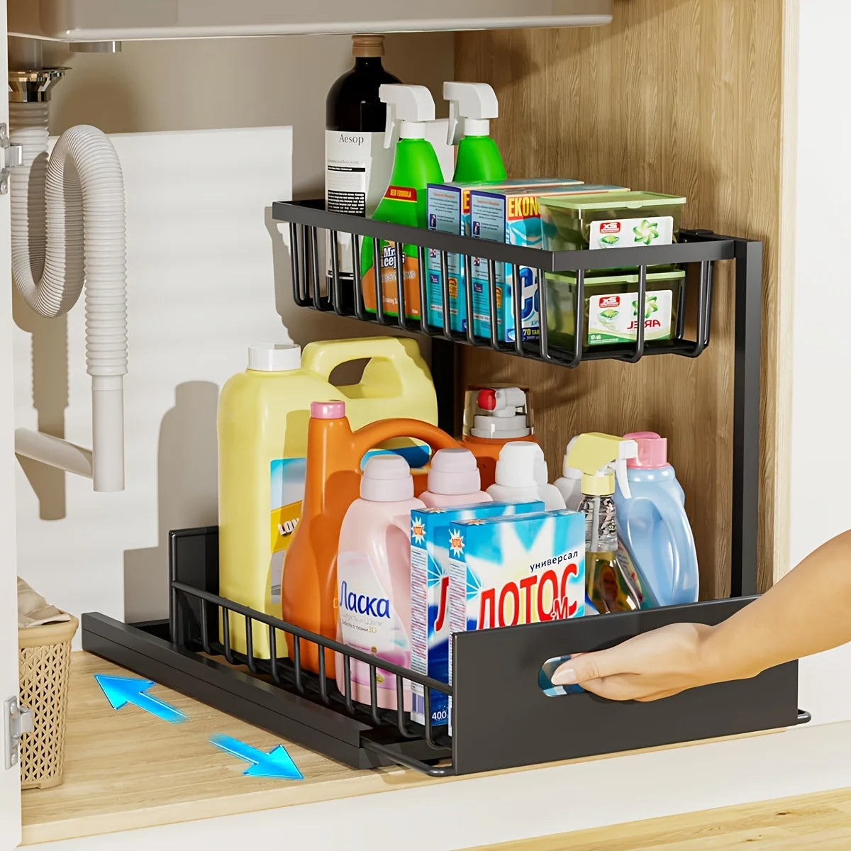 Best 2 Tier Under Sink Organiser Pull-out Sliding Cabinet Storage Basket Kitchen Bathroom Rack for Cleaning Supplies & Spices