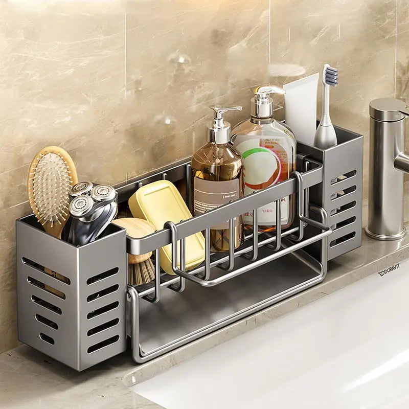 Stainless Steel Kitchen Sink Storage Rack, built-in Sponge Rack And Drainage Basket For Kitchen Cleaning And Storage
