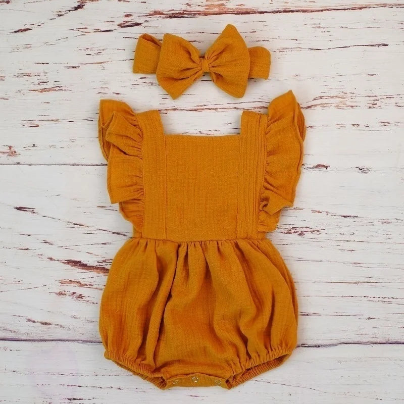 Organic Cotton Baby Girl Clothes Summer New Double Gauze Kids Ruffle Romper Jumpsuit Headband Dusty Pink Playsuit For Newborn 3M