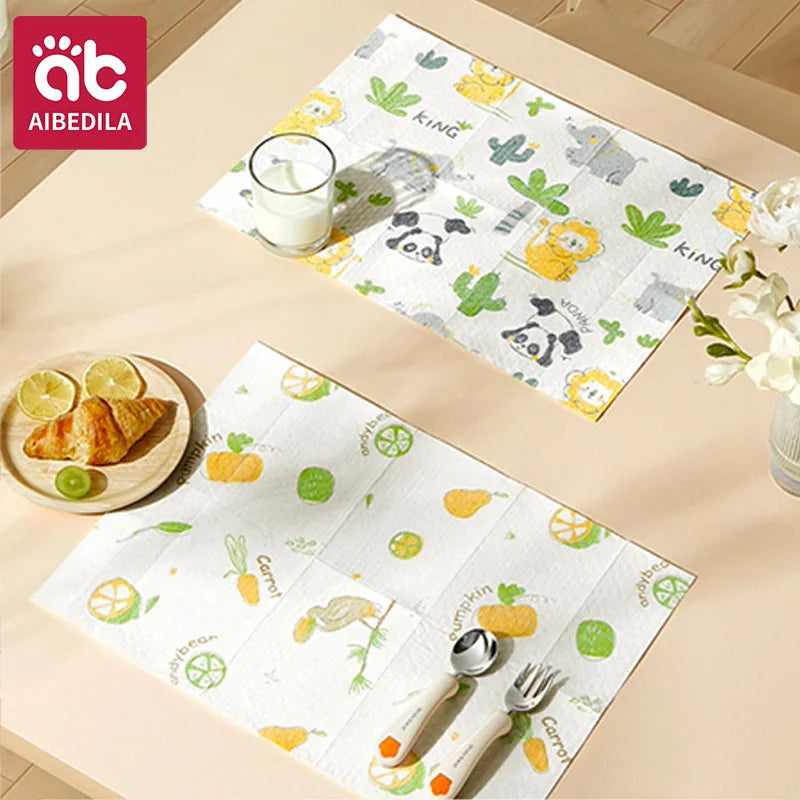 AIBEDILA Baby Disposable Table Mats Oilproof Waterproof Sticky Placemats Cute Animal Design Portable Dining Pads for Toddlers