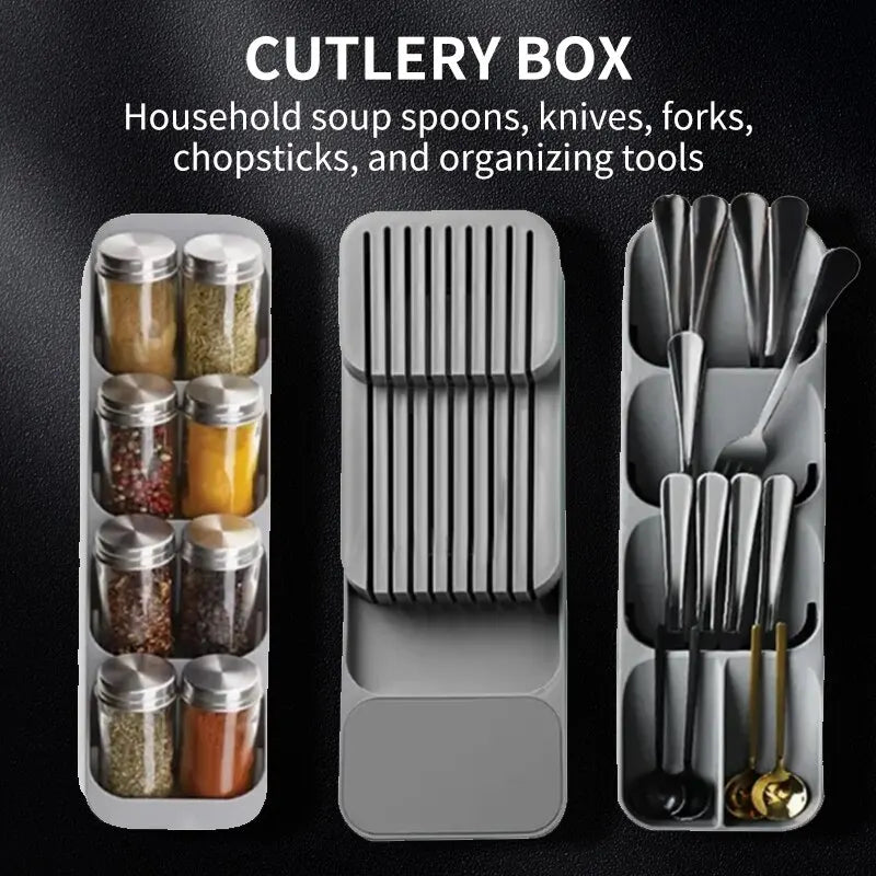 Kitchen Drawer Cutlery Storage Tray Knife Holder Spoon Forks Tableware Organiser Container For Spice Bottles Knives Block Rack