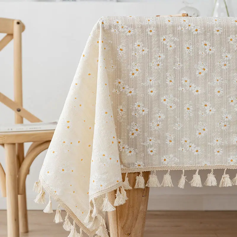 Korean Style Daisy Tassels Cotton Floral Table Cloth