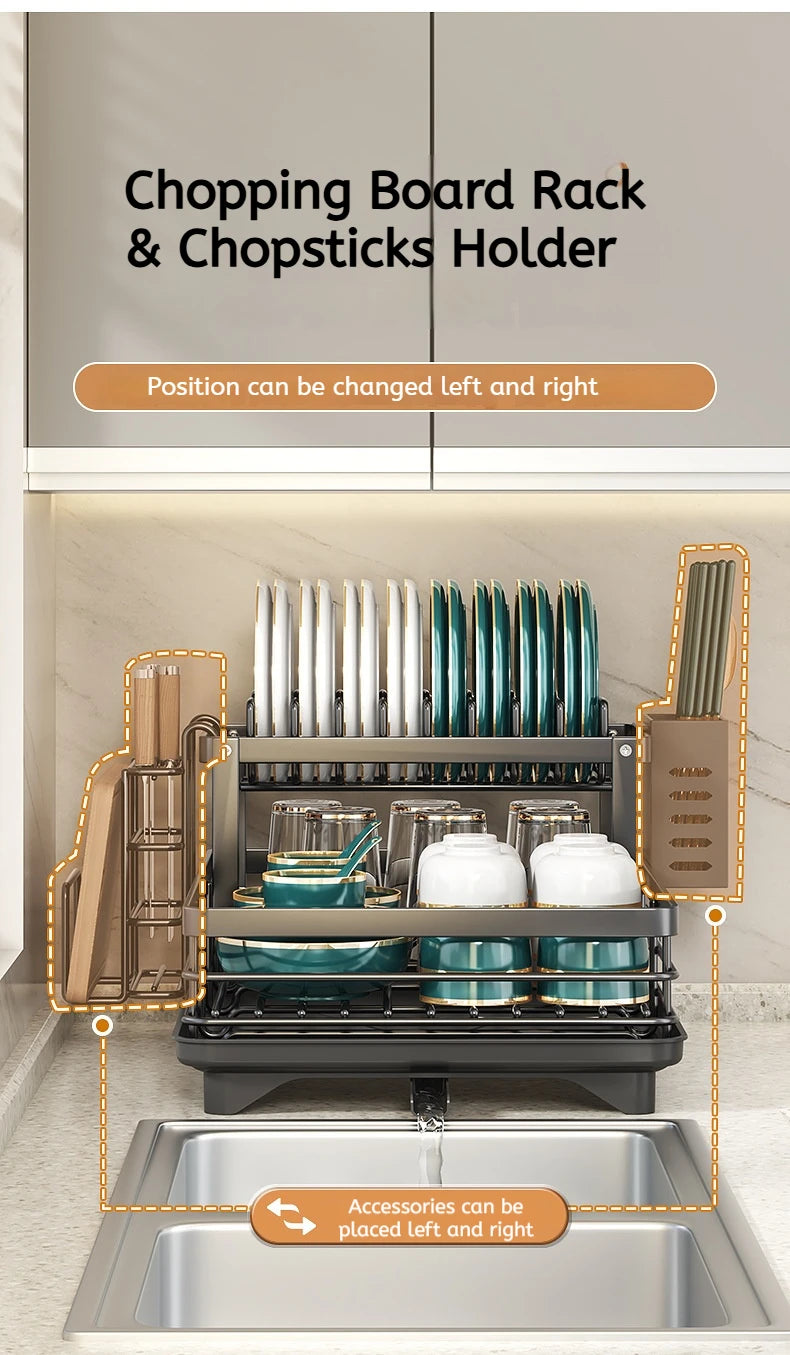 Dish Drying Rack Adjustable Kitchen Plates Organiser with Drainboard Over Sink Plate Drainer Storage Organizer