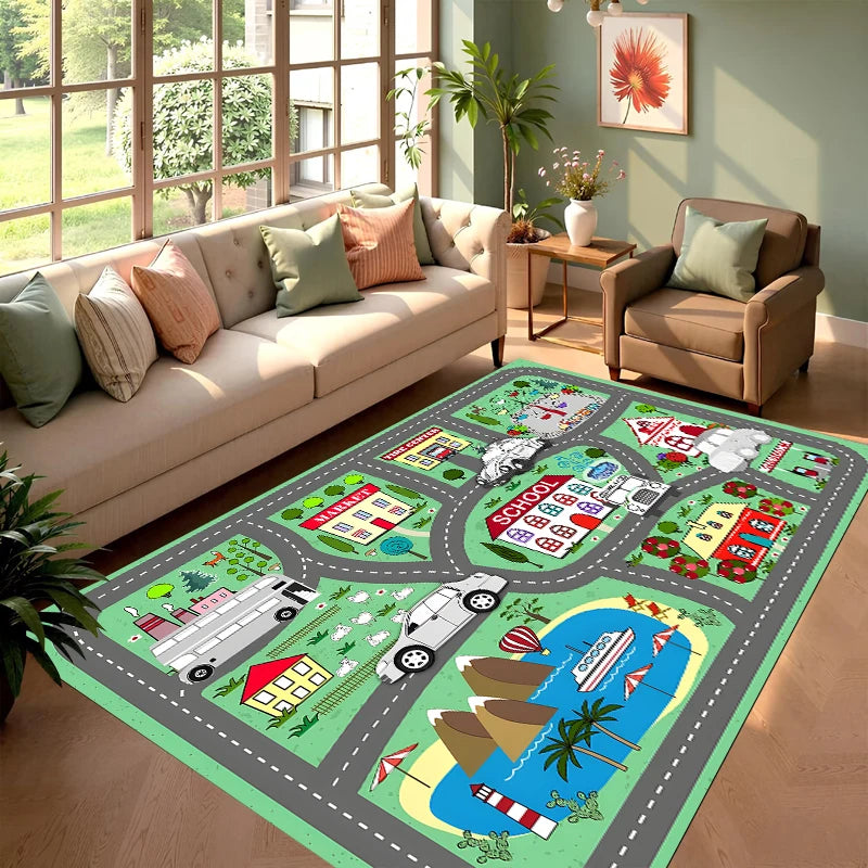 Pink Amusement Park Kids Play Rug, Interactive Town Road Track Carpet, Non-Slip Washable Play Mat for Toddler Bedroom  Carpet