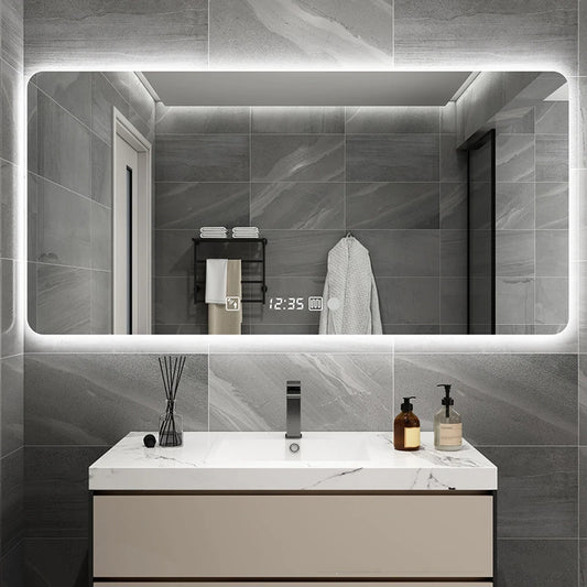 Bathroom Mirror Mounted On The Wall Rounded Rectangle With LED Lighting And Heating Defogging Function For Cold Area Apartments