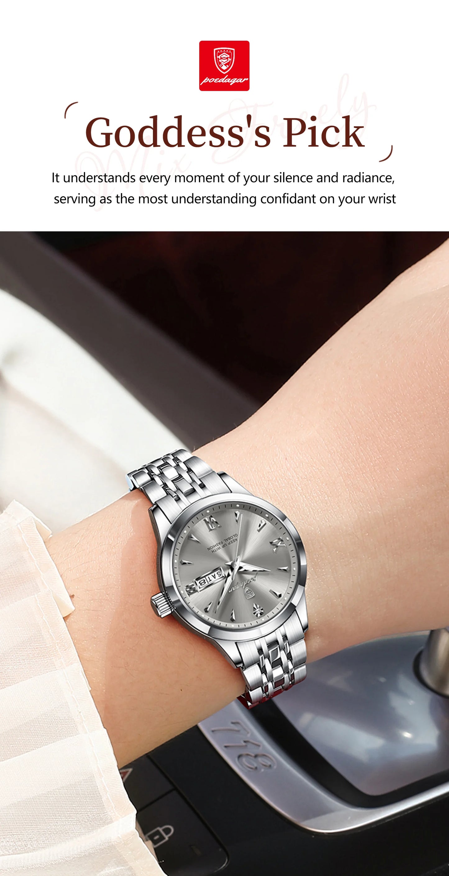 POEDAGAR Original Watch For Woman Waterproof Luminous Date Week Ladies Watch Stainless Steel Quartz Women's Watches Female Reloj