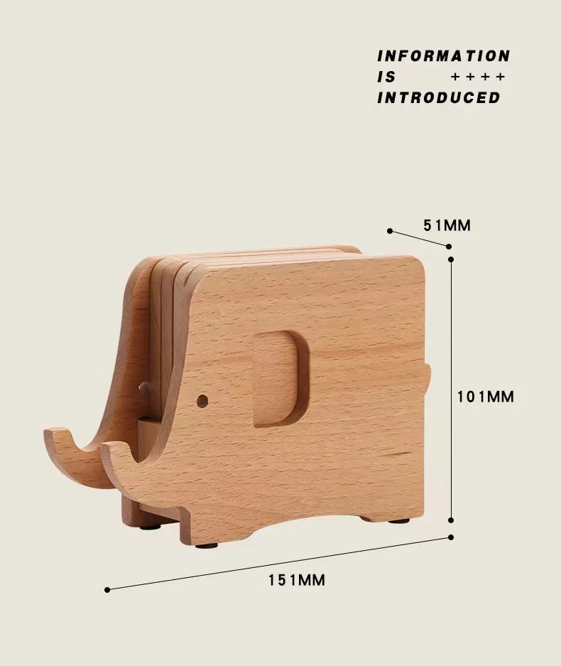 HeMu Cute Elephant Wooden Coaster Set Wood Heat-Resistant Drink Coasters with Holder, Decorative Table Pads for Kitchen, Dining