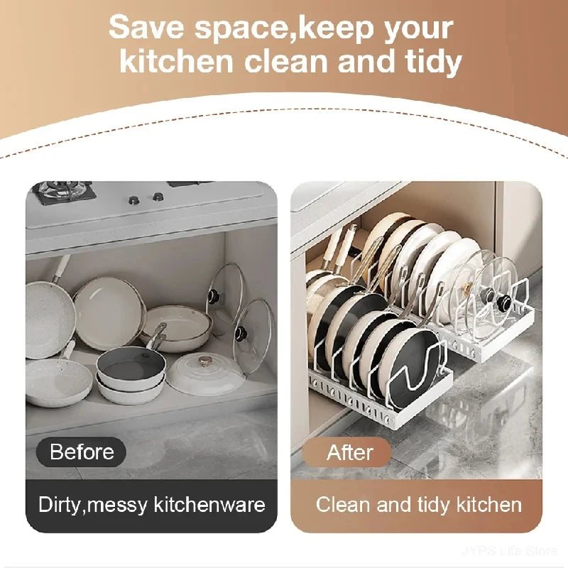 Under Cabinet Sliding Pots Pans Organiser Pull Out Kitchen Storage Tray With 8 Adjustable Dividers Cookware Lid Holder Rack
