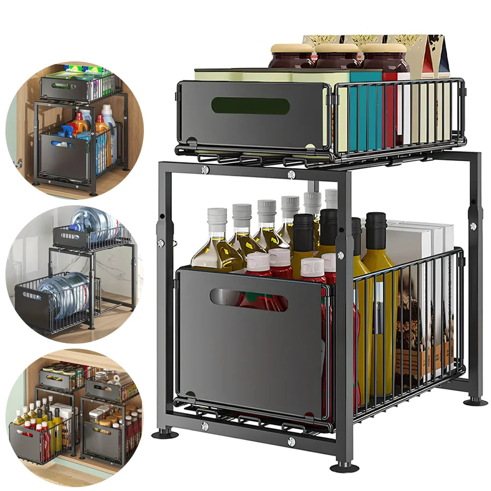 2 Tier Under Sink Storage Organiser Slide-out Cabinet Storage Basket Adjustable Kitchen Storage Rack with Suction cups