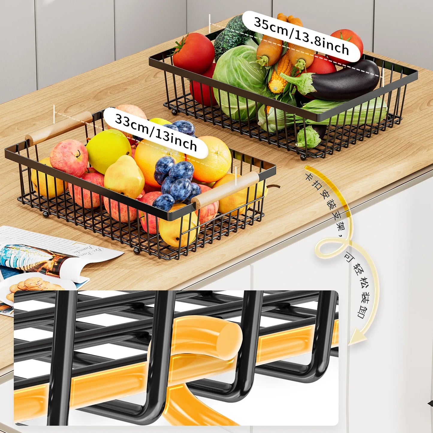 33*29cm deteachable fruit vegetable kitchen storage organisation racks holders double-layer trays wood hand SS home display