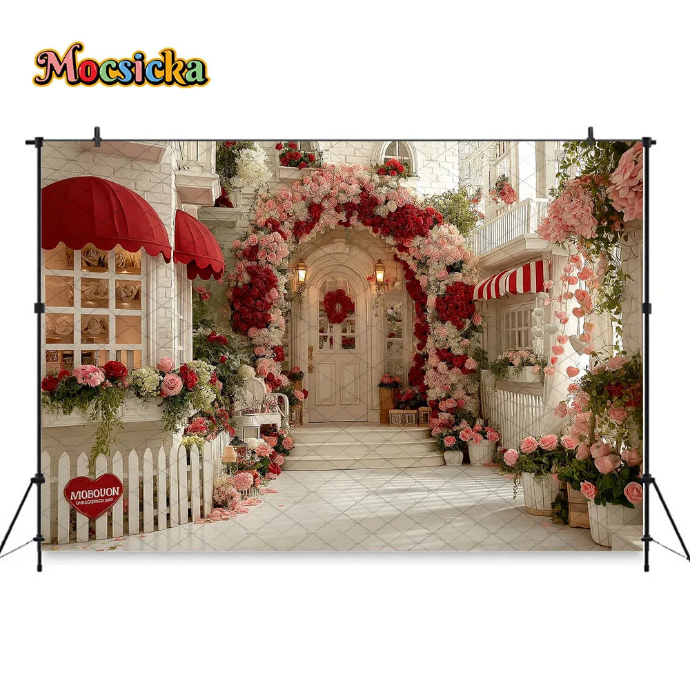 Mocsicka Valentines Day Flower Shop Backdrop Photography Red White Striped Floral Garden Background Kid Photo Shoot Studio Decor