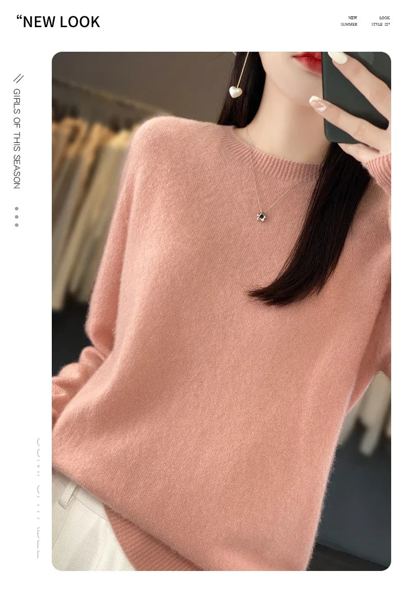 100% Merino Wool Women’s Sweater – Soft Cashmere-Feel O-Neck Pullover, Autumn/Winter Warm Knit Top (14 Colours)