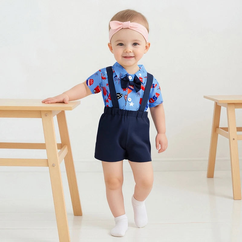 Toddler Boys Independence Day Outfits Short Sleeve Bowtie Romper Suspender Shorts Set Infant Clothing for 4th of July
