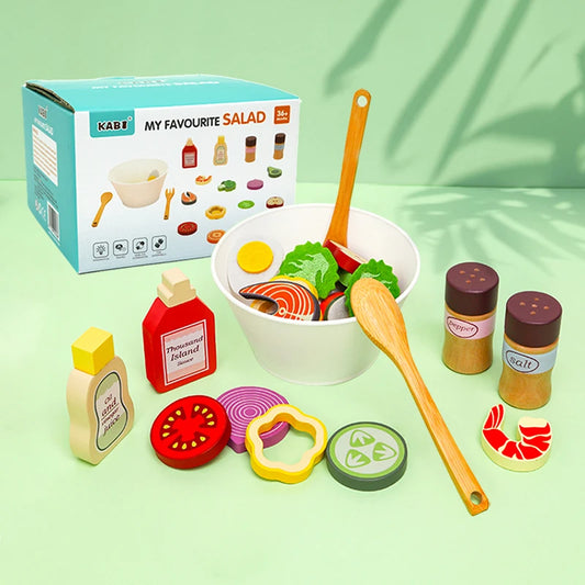 Kitchen Pretend Play Toys Wooden Simulation Food Accessories Pizza Salad Dessert Set Montessori Educational Toy for Toddler 3+