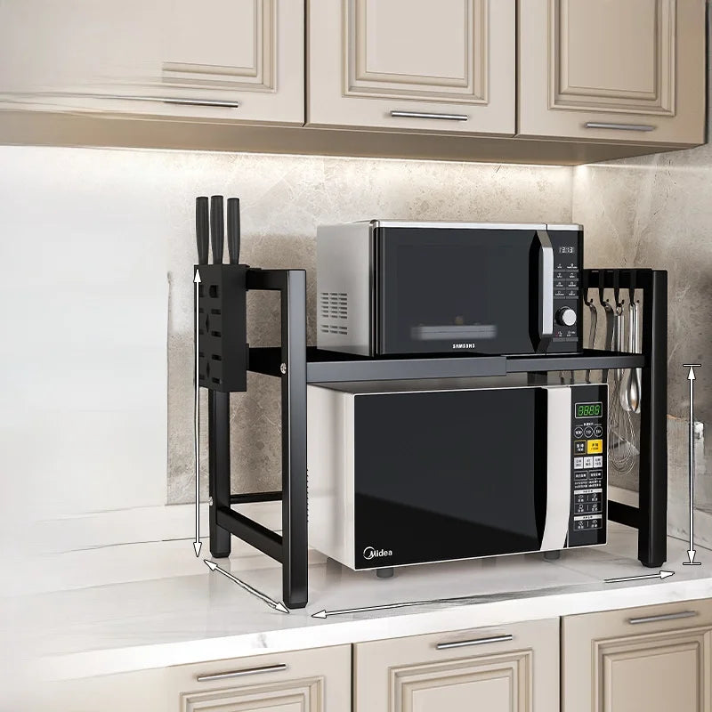 Kitchen Microwave Oven Rack Double Layer Expandable Multi Functional Home Appliance Storage Shelf Carbon Steel No Installatio...