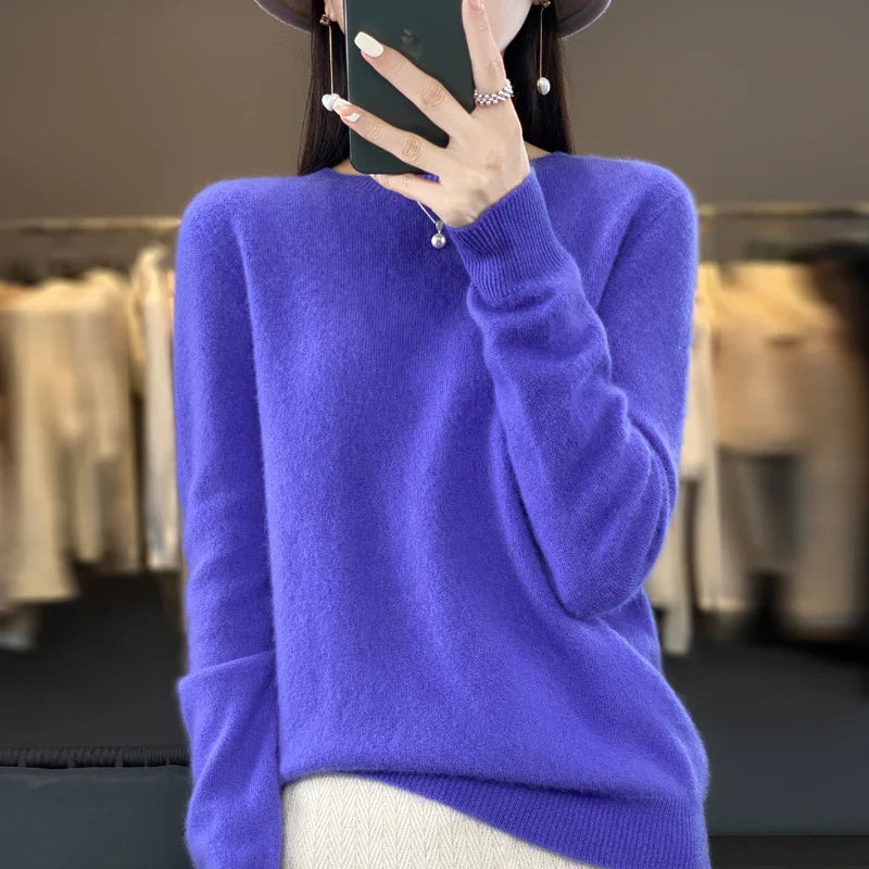 100% Merino Wool Women’s Sweater – Soft Cashmere-Feel O-Neck Pullover, Autumn/Winter Warm Knit Top (14 Colours)