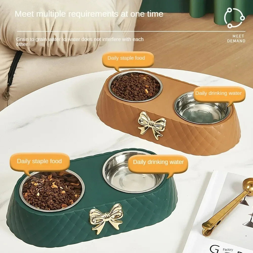 Double Pet Bowl for Cats & Dogs – Bow-Tie Design, Stainless Steel Food & Water Feeder with PP Base