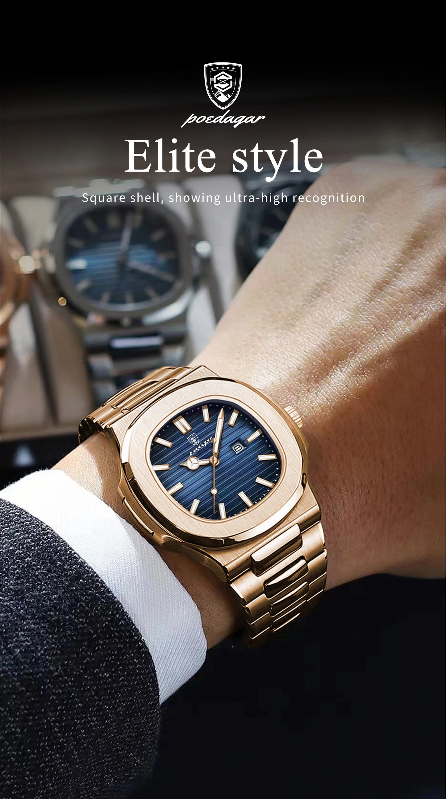 POEDAGAR Fashion Couple Watch Waterproof Luminous Date Stainless Steel Quartz Love Wristwatch Square Watches for Boyfriend Gift