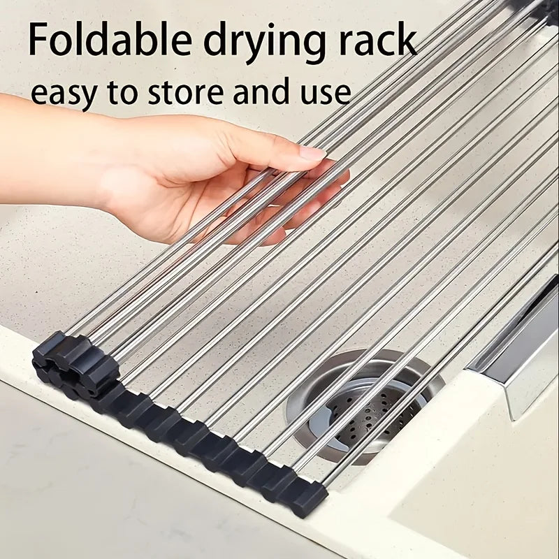 1pc Foldable Dish Drainer, Roll Up Dish Drying Rack ,Kitchen Sink Holder Organiser,Tableware Plate Storage Shelf