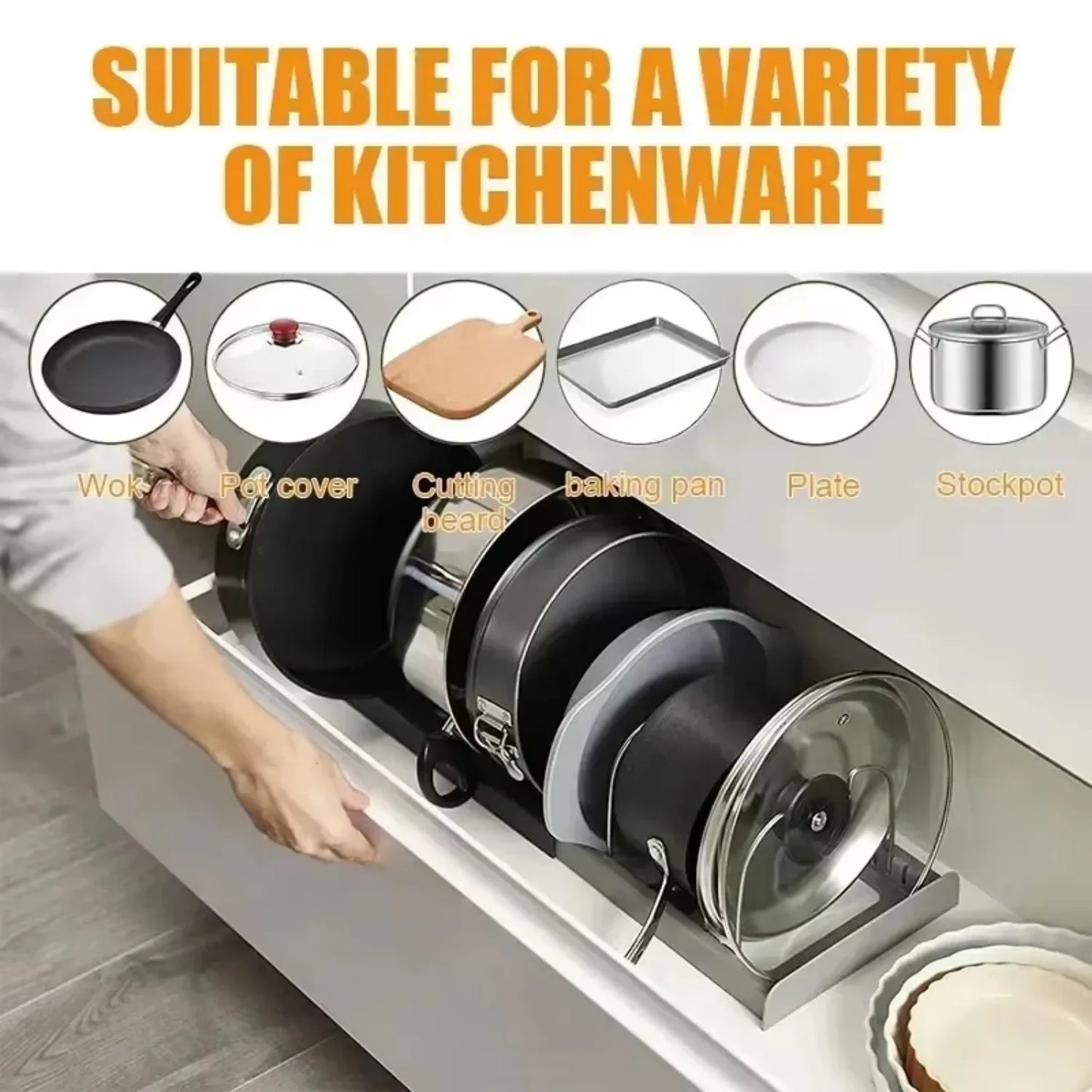 Expandable Pots and Pans Storage Rack for Cabinets Pot and Lid Holder with 6 Adjustable Shelves for Kitchen Organisation Tools