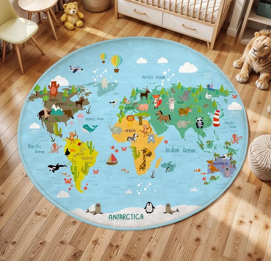 Children's Play Round Floor Mat Animal World Map Printed Carpet Children's Bedroom Bedside Non Slip Foot Mat Home Decoration