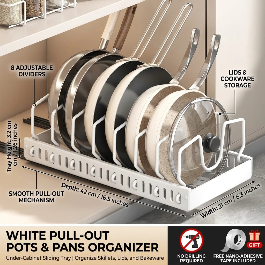 Under Cabinet Sliding Pots Pans Organiser Pull Out Kitchen Storage Tray With 8 Adjustable Dividers Cookware Lid Holder Rack