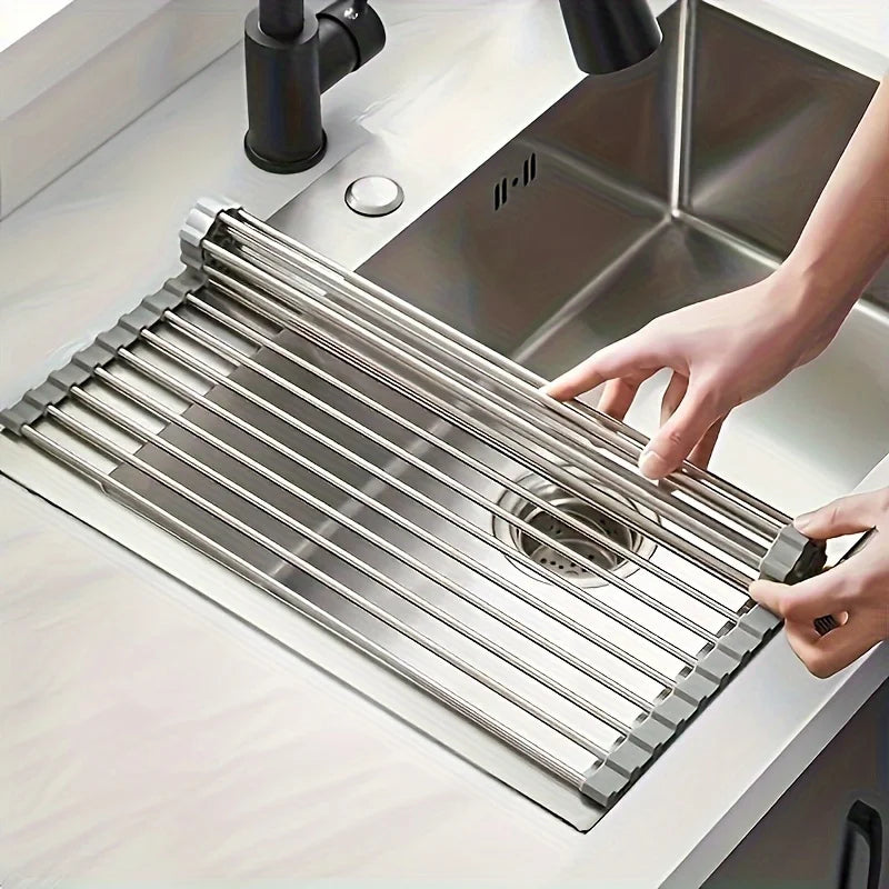 1pc Foldable Dish Drainer, Roll Up Dish Drying Rack ,Kitchen Sink Holder Organiser,Tableware Plate Storage Shelf