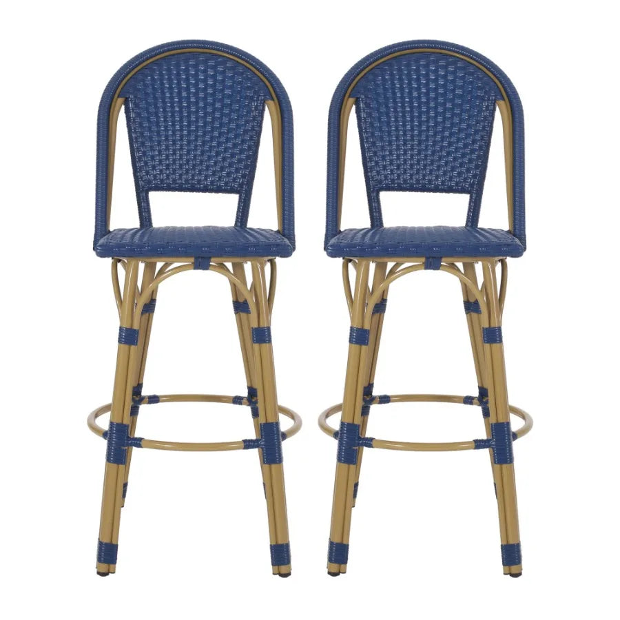 29.5 Outdoor PE Rattan and Aluminum French Barstools Set of 2 Navy Blue and Bamboo Finish