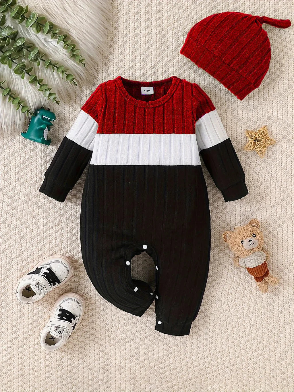 3 Colours Autumn Bodysuits Newborn Baby Boy Long Sleeve Colour Block Romper+Hat Simple Onesie Jumpsuit for Toddlers 1-18 Months