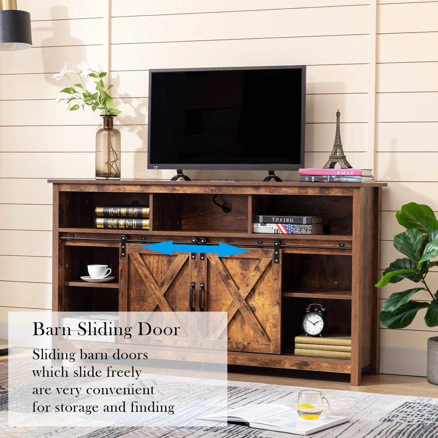 TV Stand Farmhouse Coffee Bar Cabinet Rustic Sliding Barn Door Storage Cabinet with Power Outlet & LED Light, 57" Wooden TV Cabi