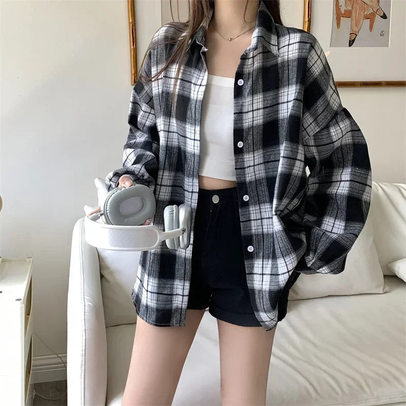 Long Sleeve Collared Button-Up Tartan Black Flannel Shirt