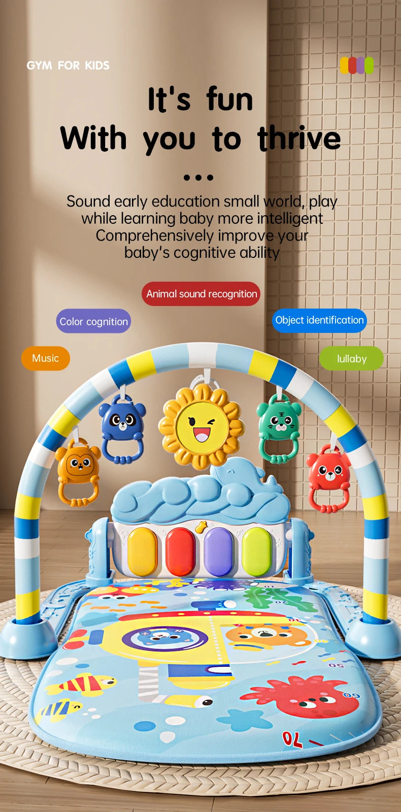 Baby Activity Play Mat with Music & Lights, 5 Detachable Sensory Toys Kick Piano Mat, Tummy Time Game Playmat Easy Assembly Moto