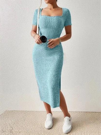 Short-Sleeved, Versatile Knitted Slit Dress