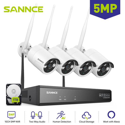 SANNCE 5MP WiFi CCTV Camera System 10CH NVR Two Way Audio Security Camera Video Surveillance Kit Outdoor Wireless IP Cameras