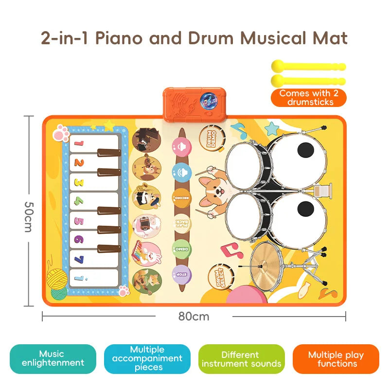 Baby Musical Piano Drum Mat Educational Floor Keyboard Instruments Music Hit Drum Carpet Learning Toys For Boy Girl Toddler Gift