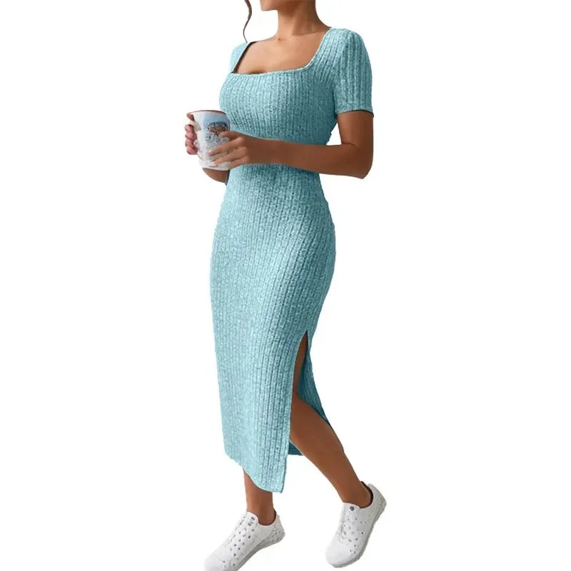 Short-Sleeved, Versatile Knitted Slit Dress