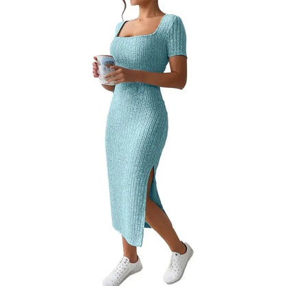Short-Sleeved, Versatile Knitted Slit Dress