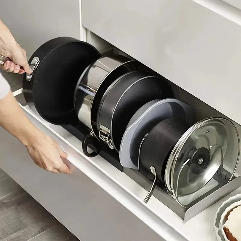 Expandable Pot & Pan Organiser Rack, Adjustable Under Sink Cabinet Lid Holder, Space Saving Kitchen Cookware Storage Organiser