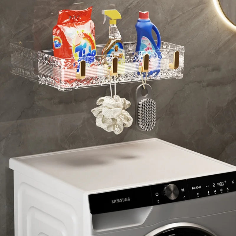 Wall Mounted Bathroom Storage Rack With 4 Hooks Corner Skincare Shampoo Shower Gel Shelf Makeup Perfume Holder
