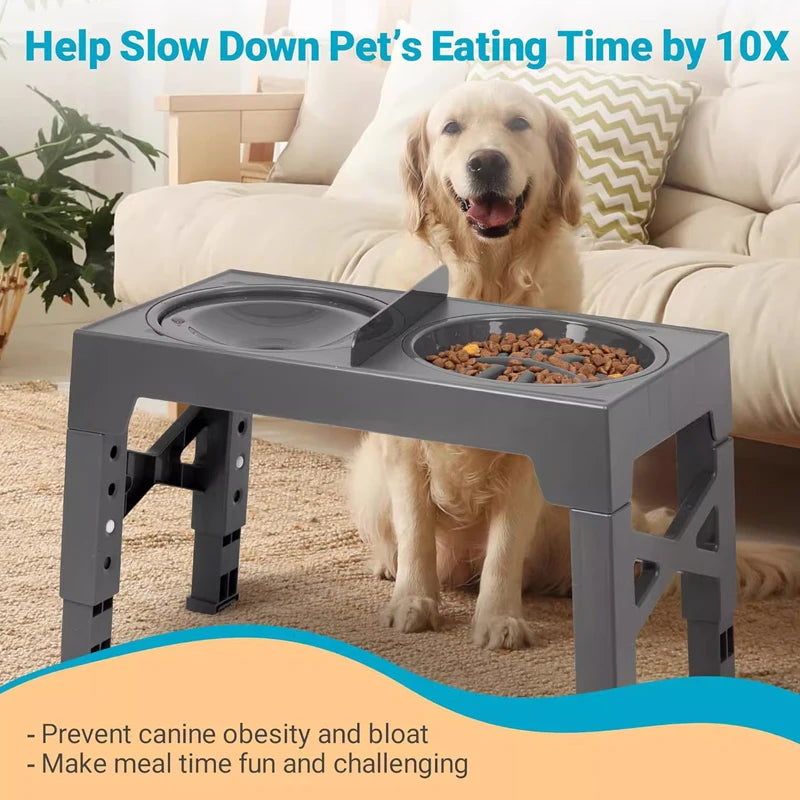 Adjustable Elevated Dog Feeder – Raised Stand with Slow Feeder Bowl & Water Dispenser for Medium and Large Dogs