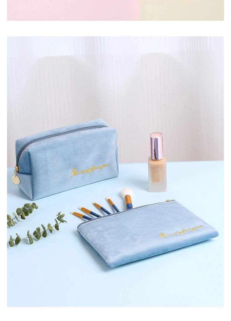 Plush Cosmetic Bag for Women – Large Zipper Makeup & Toiletry Travel Pouch, Solid Color Beauty Bag