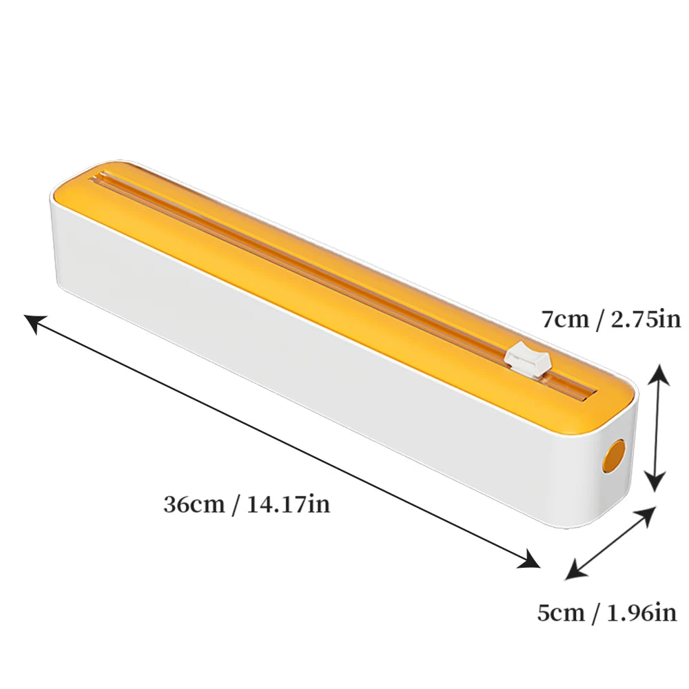 Household multi-functional cling film cutter, tear-free sliding cutter suitable for plastic cling film and aluminum foil.