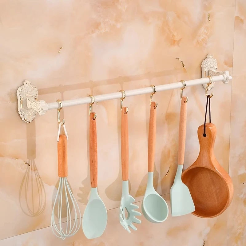 Wall Mounted Kitchen Storage Rack Shelves with Movable Hook Spoon Holder Organiser Kitchen Utensil Accessories Kitchen Tools
