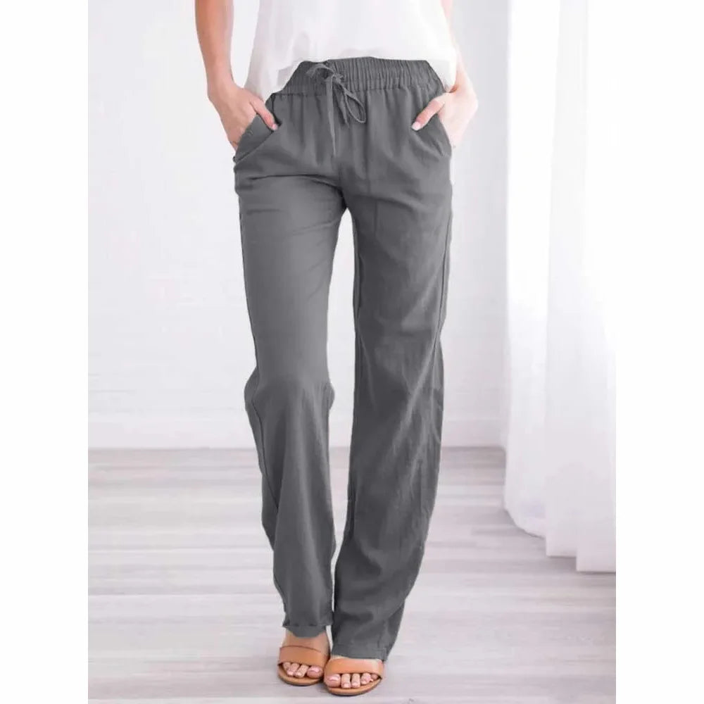 Women Cotton Linen Pants Summer and Autumn Solid High Waist Wide-Leg Trousers Female Loose Hemp Casual Breathable Sports Pants