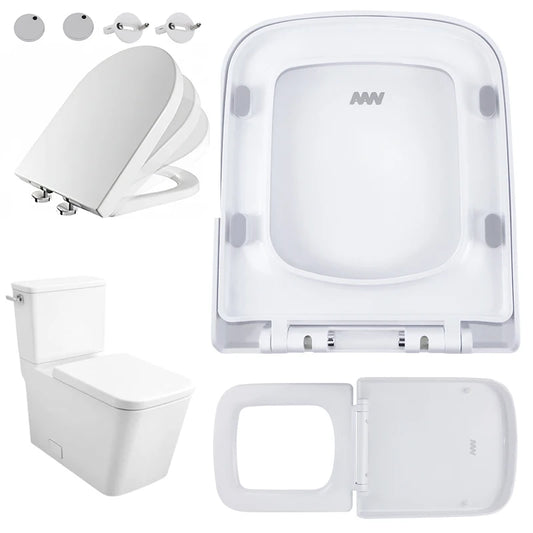 Square Toilet Seat Quick-Release Soft-Close Easy Clean - Durable Anti-Bacterial Compact WC Cover, Scratch-Resistant Bathroom