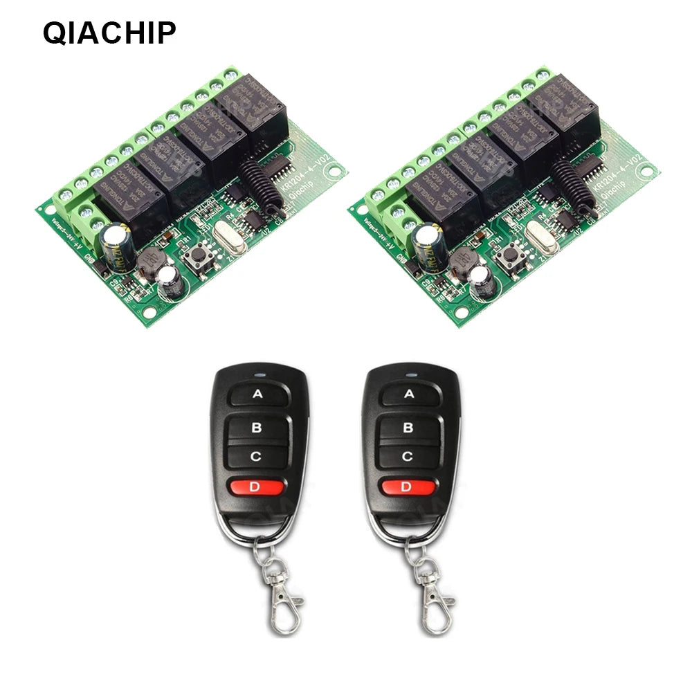 QIACHIP 4CH 433.92MHz Relay Module – DC 5V/12V/24V/48V 10A Wireless Remote Control Switch for EV1527, DC Motor DIY